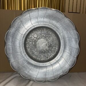 vintage hand-wrought hammered aluminum serving tray or bowl Roses Leaves Detail